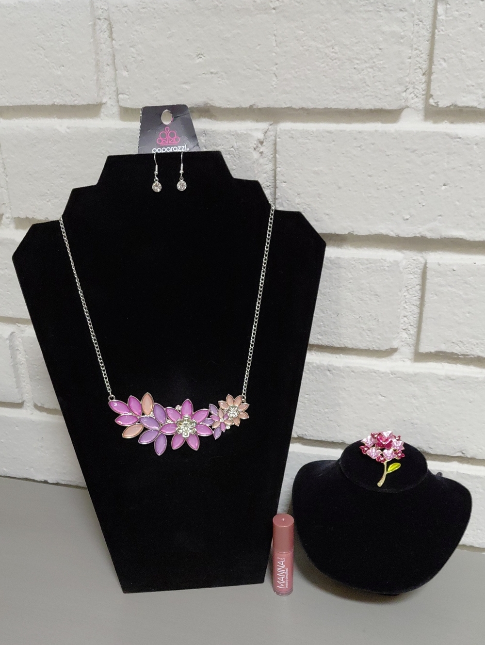 Pink/purple Floral Cluster Necklace & Earrings, Floral Brooch And Lip Gloss.